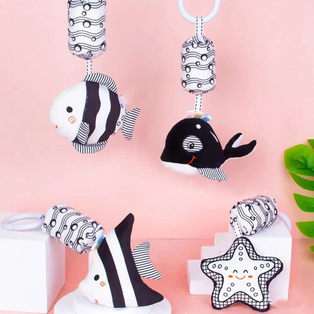 Plush Baby Animal Rattles Black and White Rattle Toy Stroller Bed Hanging Bell Early Education Sea Life Bed Stroller Bell Toy