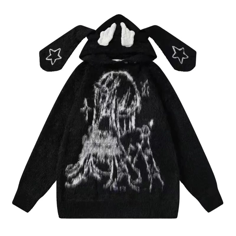 Jersey de punto de manga larga con capucha para niñas, suéter informal suelto con Orejas de conejo bordadas de Anime, subcultura 2D, blanco, Otoño e Invierno