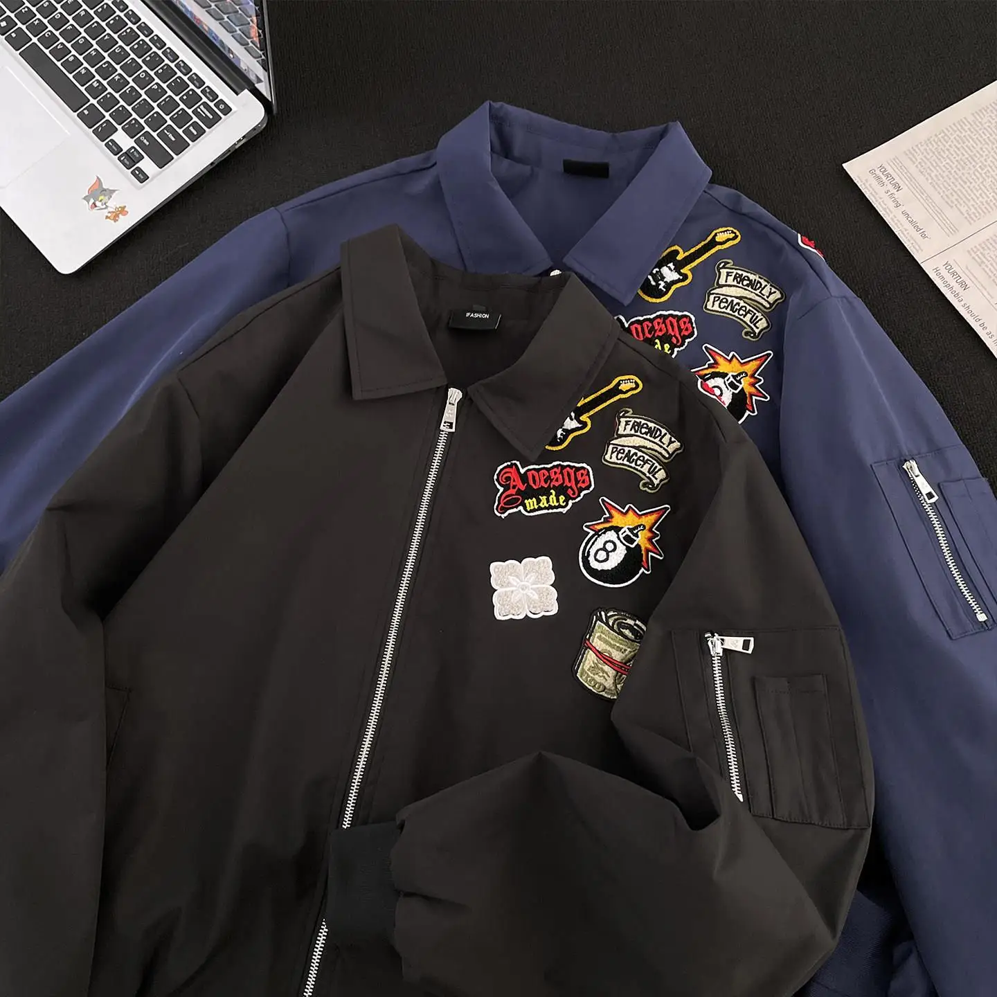 

Heavy Industry Advanced Feeling Patchwork Embroidery Baseball Jacket Men Outdoor Three Proof American Casual Design Flight Ja...