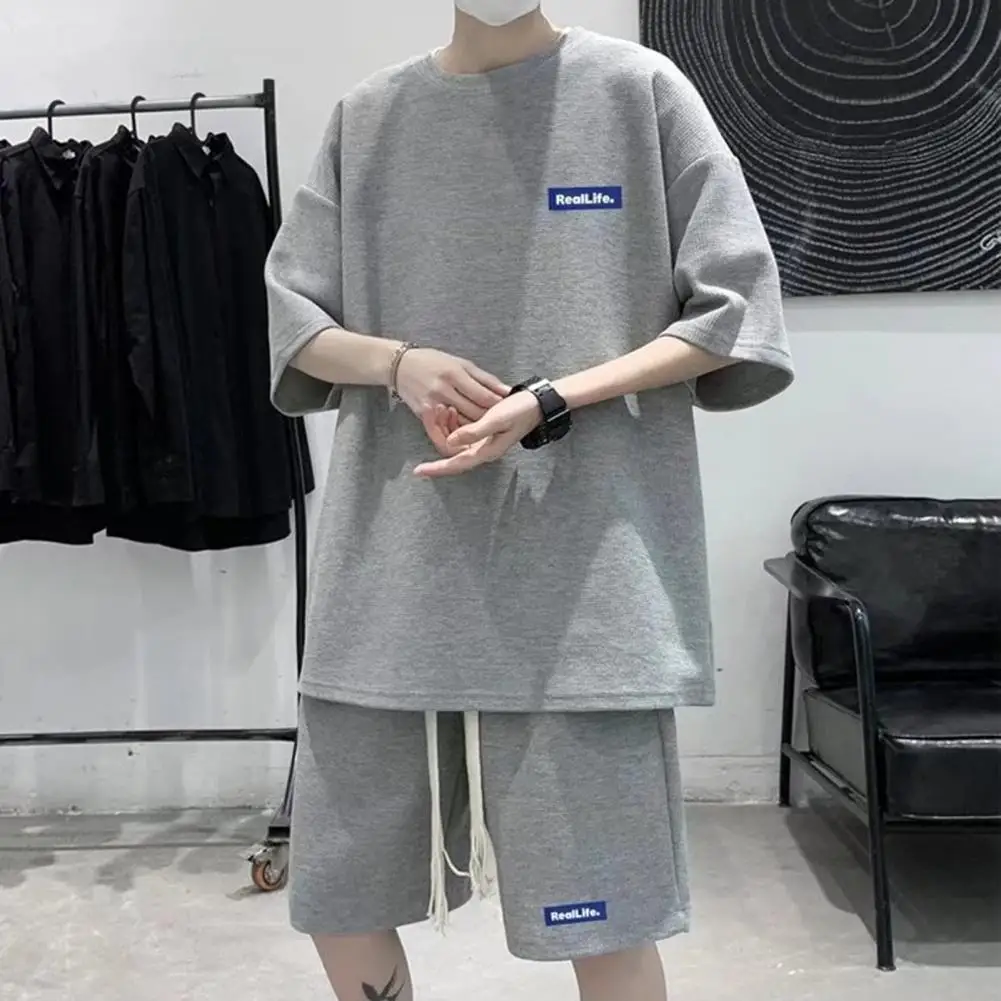 Men Two Piece Set Men's Summer Tracksuit Shorts Set with Waffle Texture Fabric Oversize Short Sleeve Sweatsuit for Versatile
