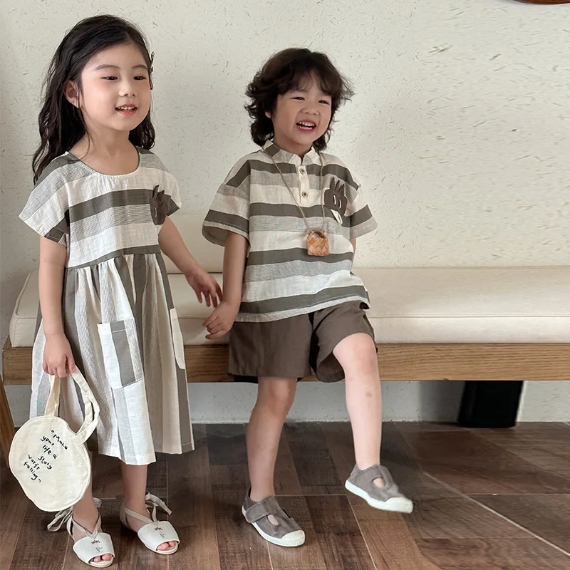 MILANCEL Children\'s Summer Set Sister Brother Clothing Boys\' Stripe Shirt & Shorts 2pcs Casual Suit Girls\' Cartoon Dress