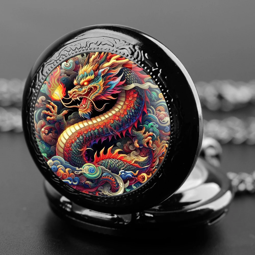 Exquisite Dragon Wolf Glass Dome Quartz Pocket Watch Necklace Pendant Gifts For Women Man with Fob Chain