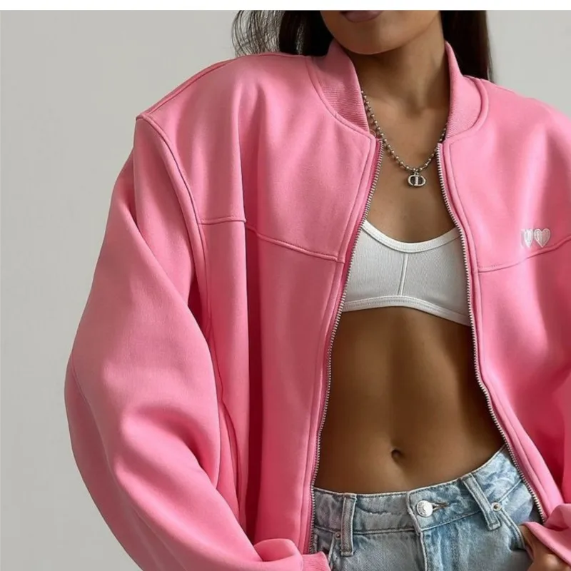 Fashion Embroidery Women Bomber Jacket O-neck Zipper Long Sleeved Loose Short Coat 2025 Casual High Street Lady Office Outerwear