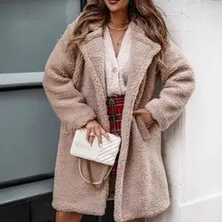 Thick Plush Coat Stylish Women's Lapel Jacket with Double-sided Plush Coat for Fall Winter Mid Length Long Sleeved for Commuting