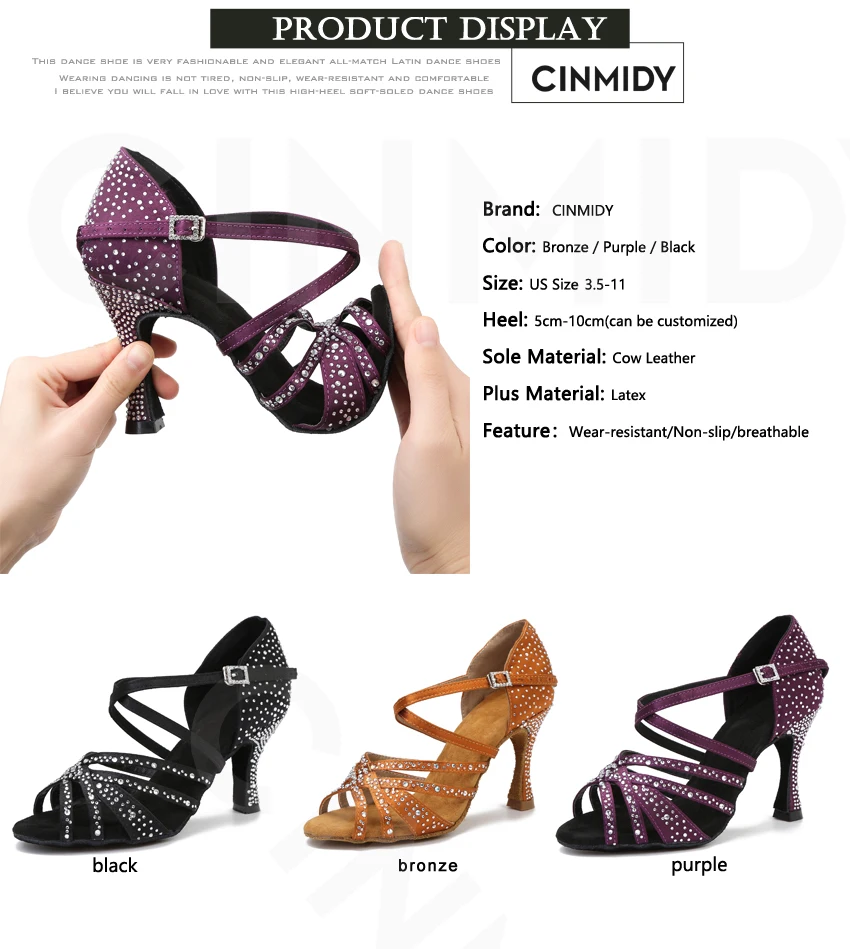 CINMIDY Damen Satin Party Tanzschuhe Strass Weiche Sohle Latein Tanzschuhe Salsa Tanzsandalen Damen Hochzeitsschuhe – Detail 3