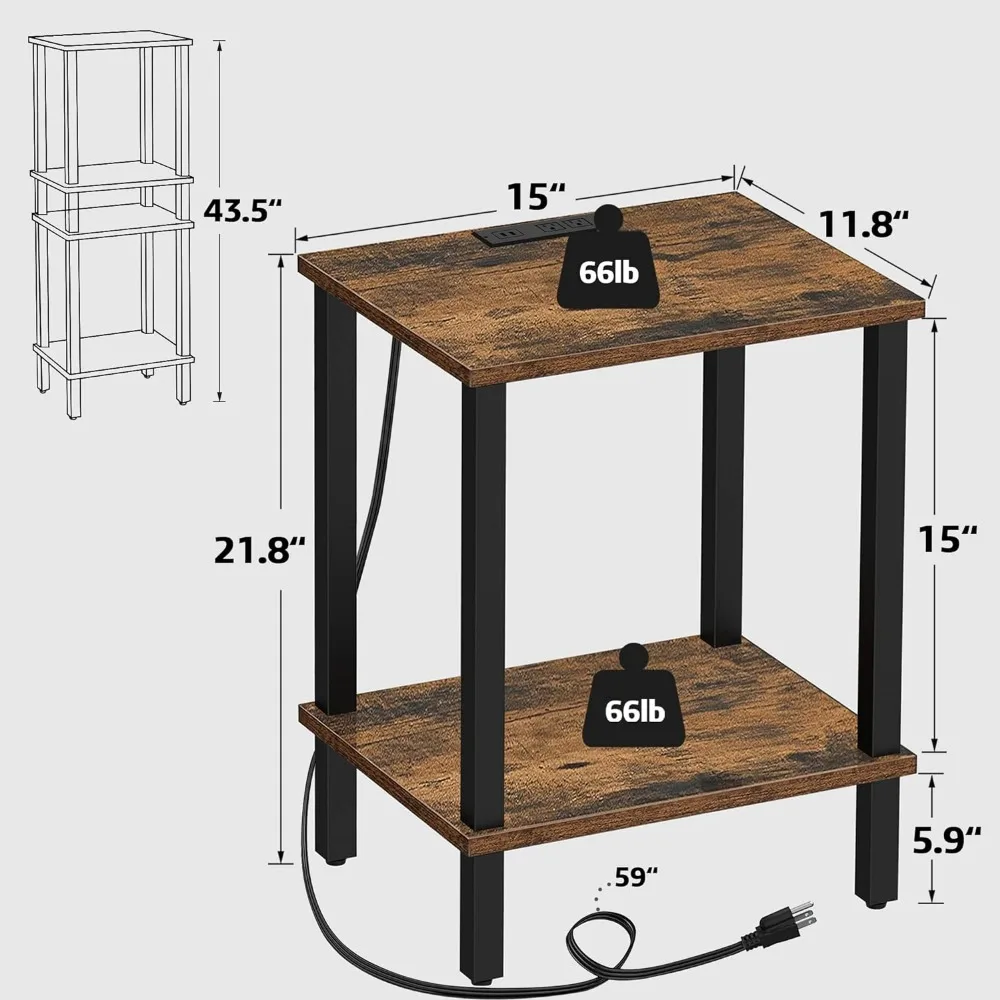 Mesa lateral com portas e tomadas USB, estação de carregamento, mesa de cabeceira, prateleira de armazenamento 2 camadas