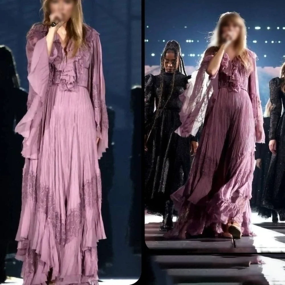 

Fuschia Celebrity Dress V-Neck Party Prom Gowns Elegant A-Line Tiered Long Sleeves Lace Formal Evening Dresses Customized