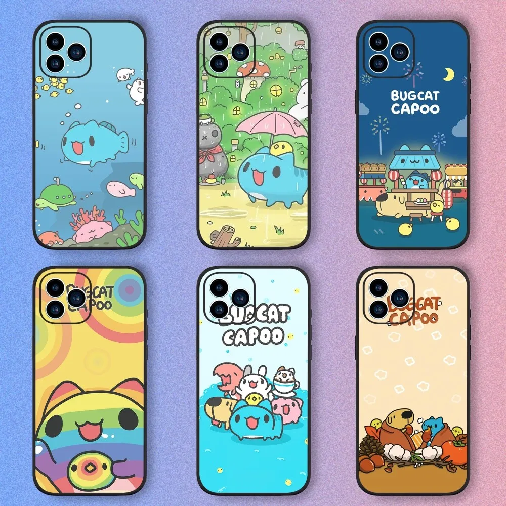 Kawaii Bugcat Capoo Phone Case For iPhone 15,14,13,12,11,XS,XR,X,8,7,Pro,Max,Plus,mini Silicone Black Cover