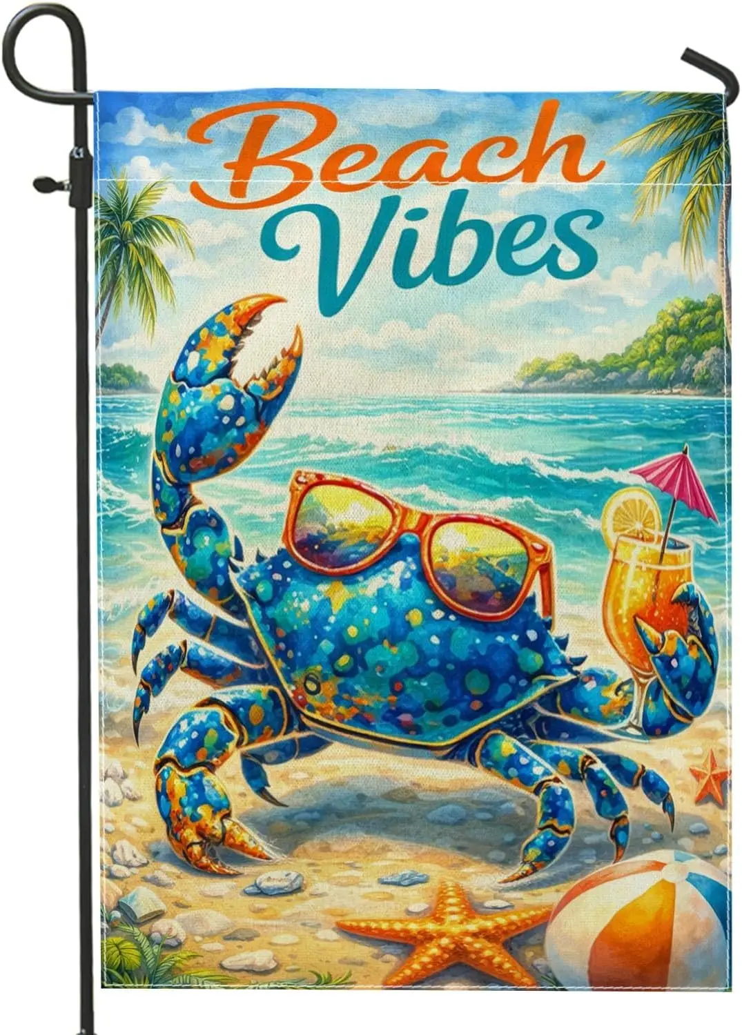 Crab Garden Flag, Summer Tropical Beach Ball Starfish Summer Blue Burlap Double Sided Decorative Outside Flags for Outdoor L PPM