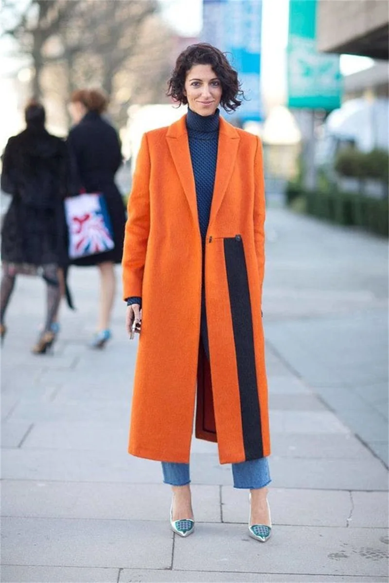 Designer Winter Wolle Langen Mantel Frauen Anzüge Blazer Nach Maß Spleißen Farbe Kaschmir Dicken Orange Jacke Outfit Weibliche