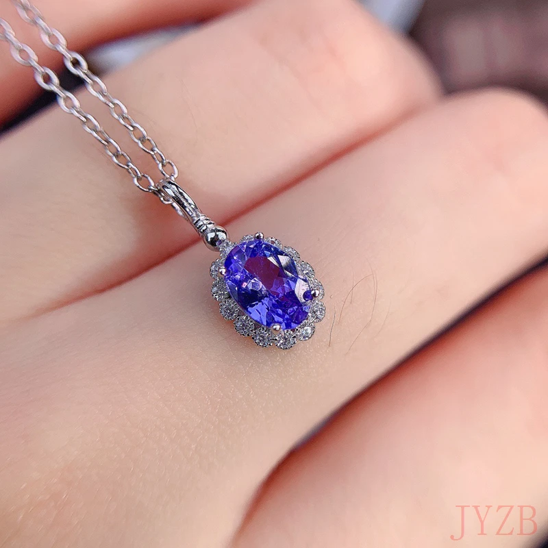 

New stylish colored stone pendant necklace dazzling natural Tanzanite sterling silver temperament jewelry 6*8mm