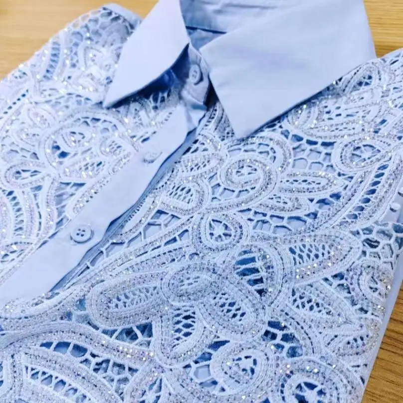 

Luxury Brand Sparkle Sequins Hollow Out Embroidery Cotton Blue Blouses Shirts Women 2025 Fashion Long Sleeve Loose Casual Top