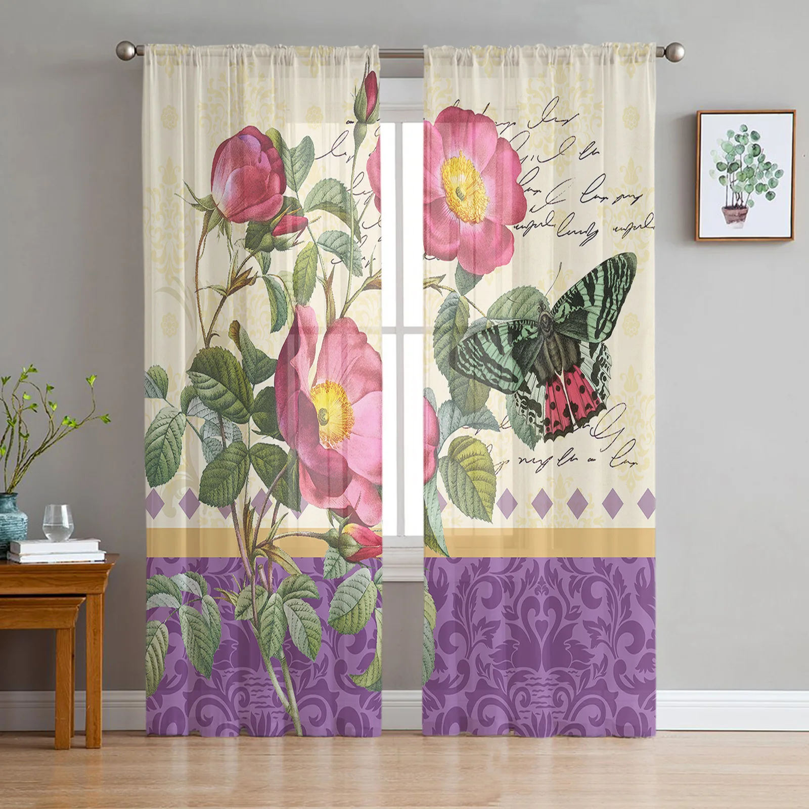 

Vintage Plant Flower Butterfly Purple Tulle Voile Curtains For Bedroom Window Curtain Living Room Sheer Curtains Organza Drapes