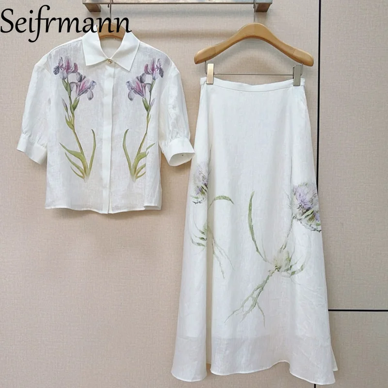 

Seifrmann 2026 Summer Women's New Fashionable lapel Short Sleeve Printed Linen Shirt+Long Half Skirt Two Piece Set