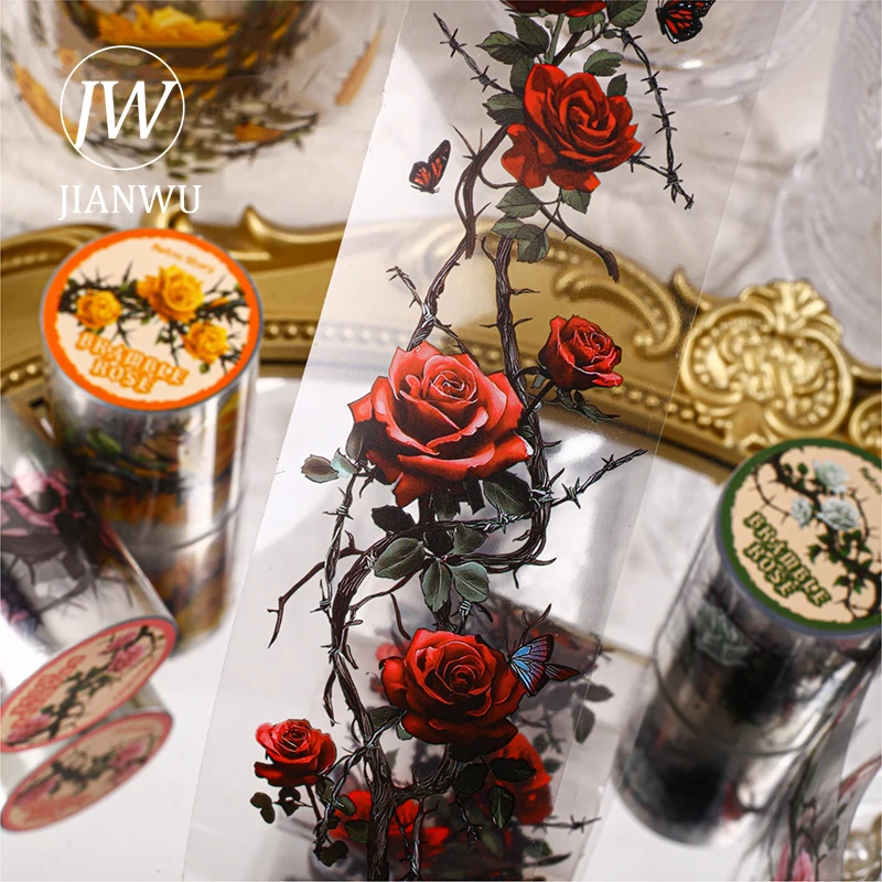 

JIANWU Thorn Rose Series Vintage Flower Landscape Material Collage Scrapbooking PET Tape Creative DIY Journal Stationery