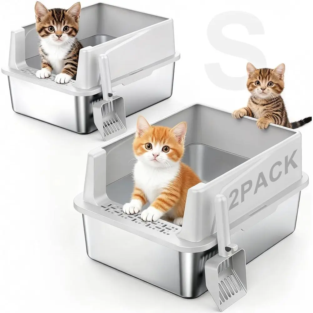 

Набор из 2-х лотков для кошачьего туалета из нержавеющей стали с крышкой, для маленьких кошек, легко чистится, 17x13x8.4