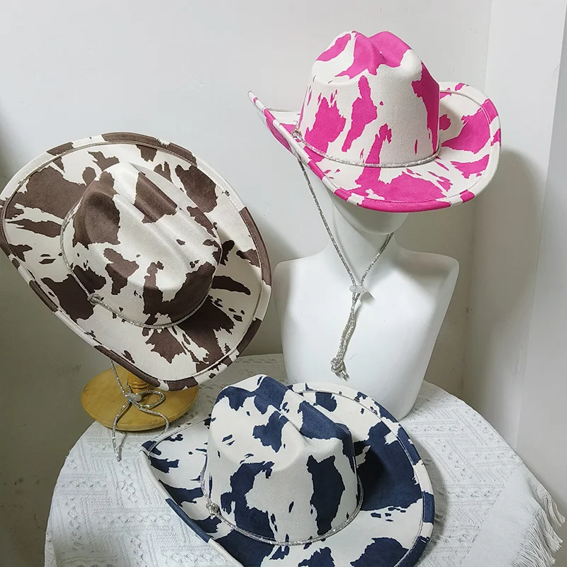 Pink Milk Cow Hat chain Cowboy Hat Winter vegan suede cowboy Hat Jazz hat Cowgirl fashion Felt Fedora Hat Panama sombrero hombre