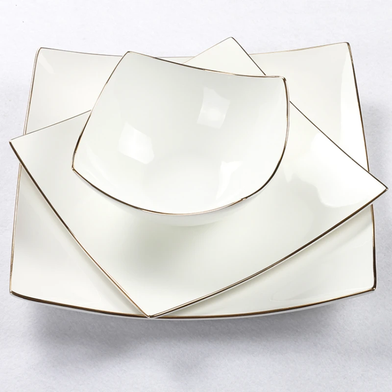 

Gilt Bone China Tableware Dinner Plates Simple Square Dessert Plate Vegetable Plate Pure White Dinner Set Plates And Dishes