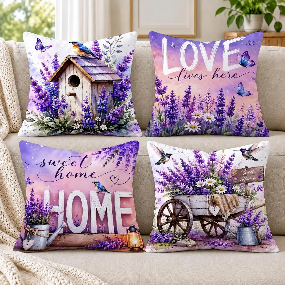 4PC Sweet Home Floral Script Cushion Cover Soft Plush Double-Sided Print Throw Pillow Cover Home Decor for Sofa Living Room