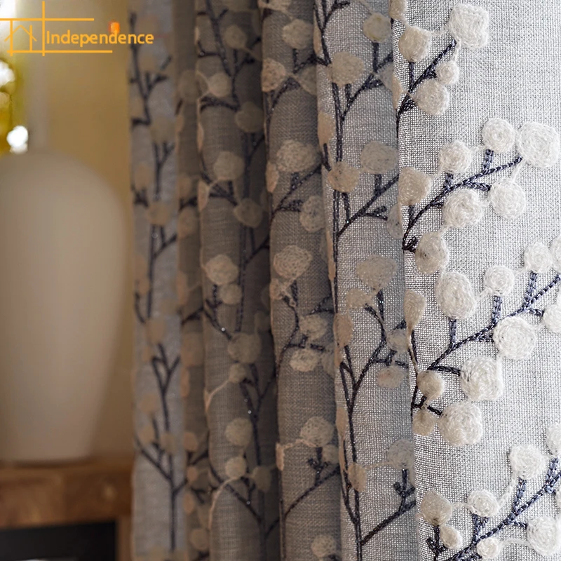 

Fresh Gray Blue Simple Retro American Style New Chinese Style Embroidery Flower Cotton Curtains for Living Dining Room Bedroom