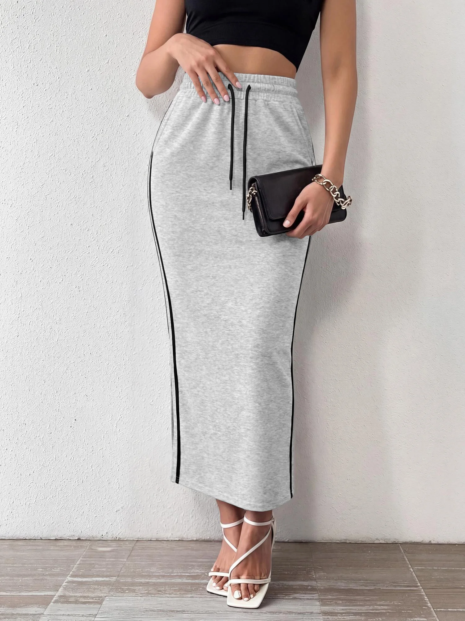 Simple Daily Commute Sweat Skirt Side Two Stripes Side Slit High Waist Soft Midi Length Skirt