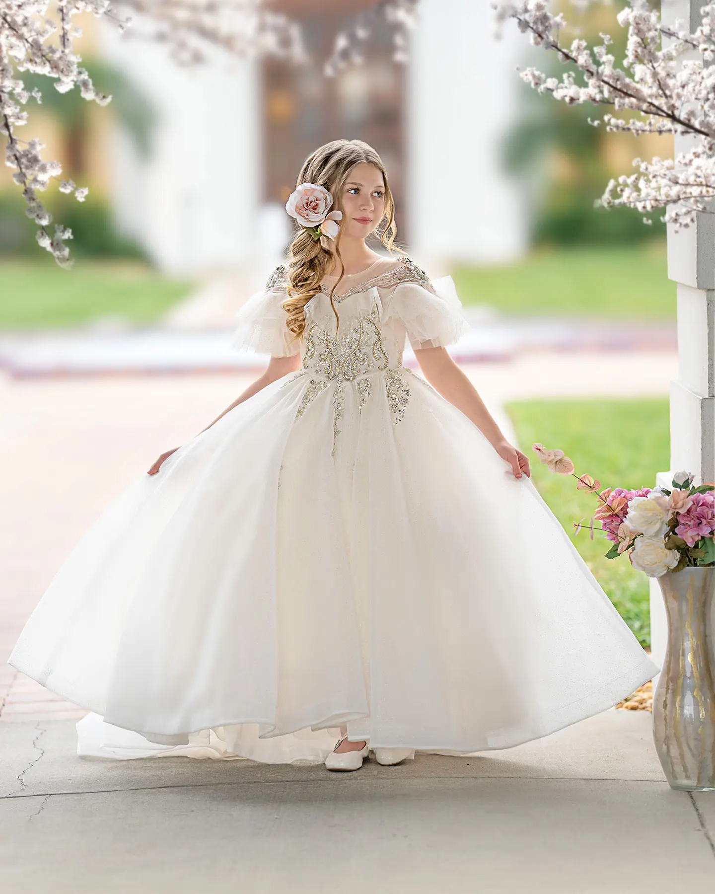 Jill Wish Luxury Arabic Ivory Flower Girl Dress 2025 Pearl Beaded Princess Gown for Kids Wedding Birthday Party Pageant J009