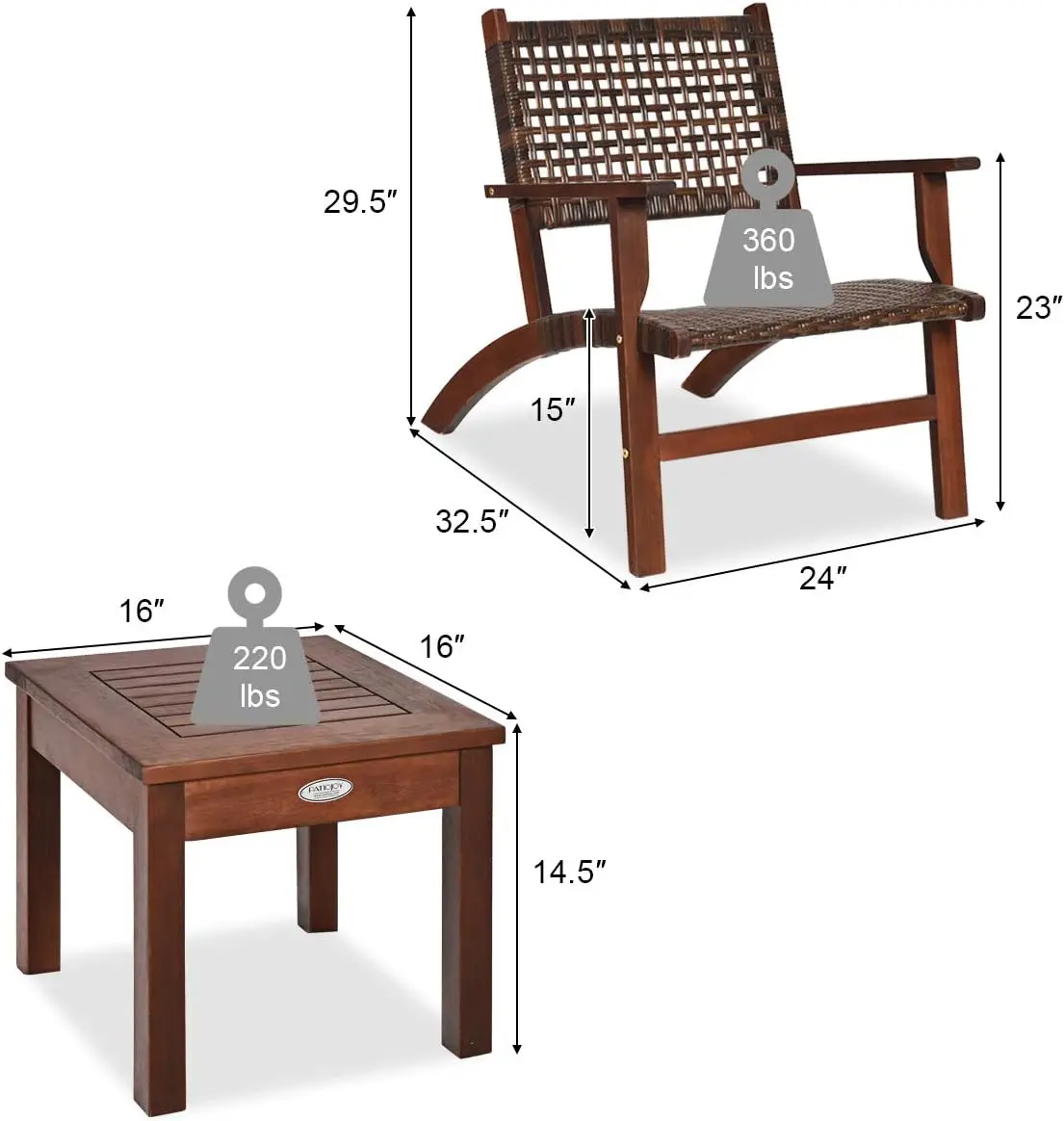 مجموعة محادثة للفناء مكونة من 3 قطع، طقم بيسترو من خشب الأوكالبتوس للأماكن الخارجية مع طاولة قهوة (بني)