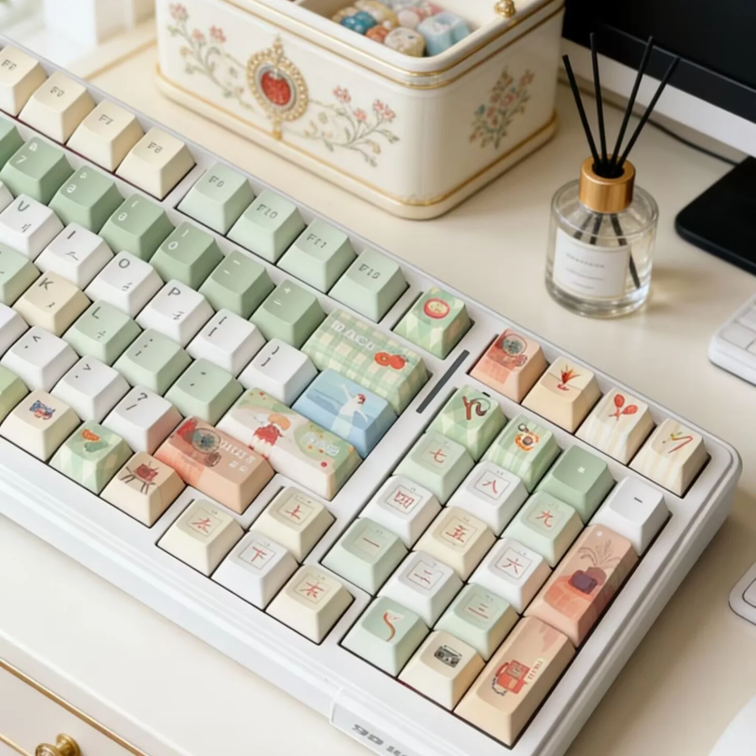 

Original Cute Green Fresh Retro Theme Magnetic Axis Keycaps 108/120 Keys PBT OEM Profile Custom Keycaps for Mechanical Keyboard