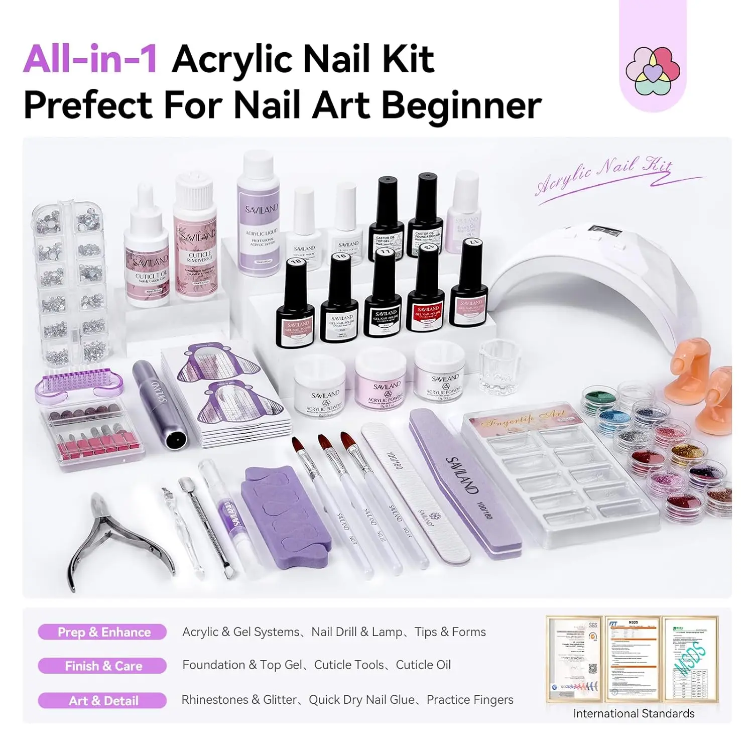 Kit completo per unghie in acrilico con lampada da 88 W, smalto gel, trapano e strumenti per unghie di qualità salone fai da te domestico