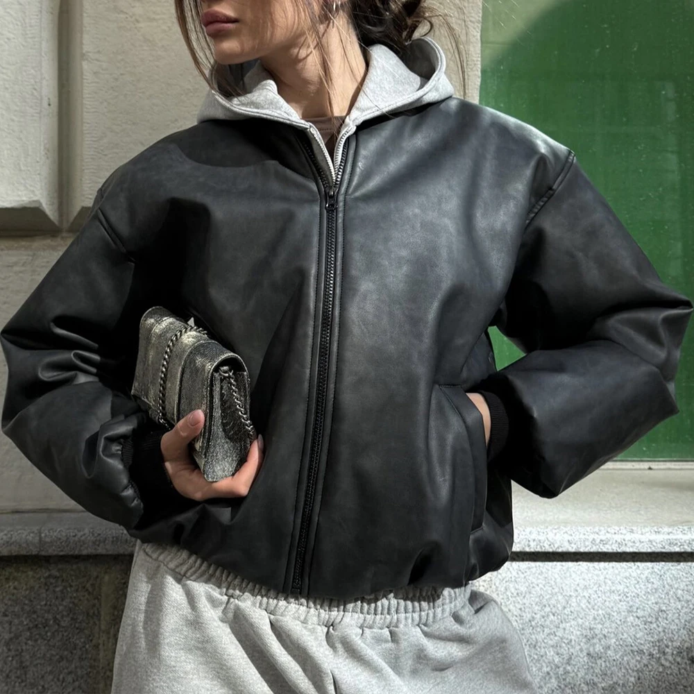 

Women's Loose PU Leather Jacket Motorcycle Style Zipper Coat Autumn Winter New Arrival Fashion Outerwear Casual Coat