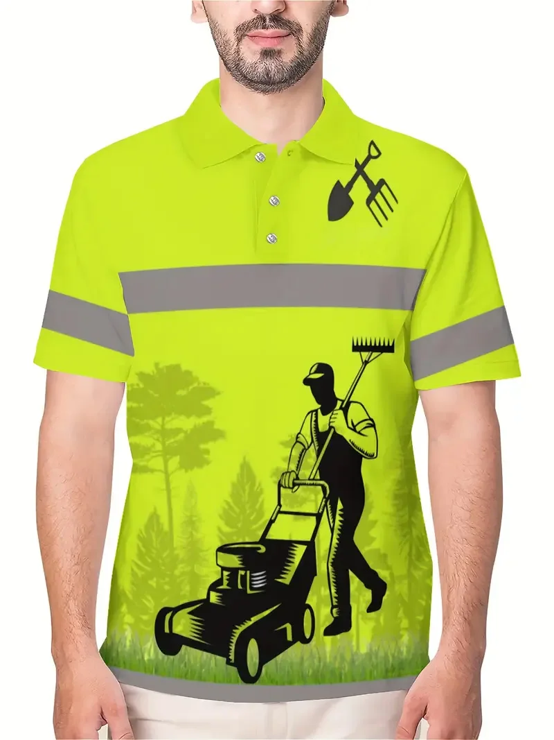 Men's new polo shirt with garden weeder pattern theme, accented by contrasting striped design, suitable for daily casual wear