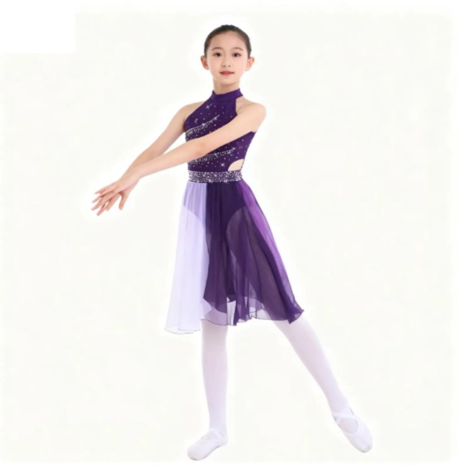 Strój gimnastyczny dla dziewcząt, kostium do łyżwiarstwa figurowego, błyszczące dżety, sukienka z rozcięciem z boku, odzież do tańca lirycznego, nowoczesnego i współczesnego.