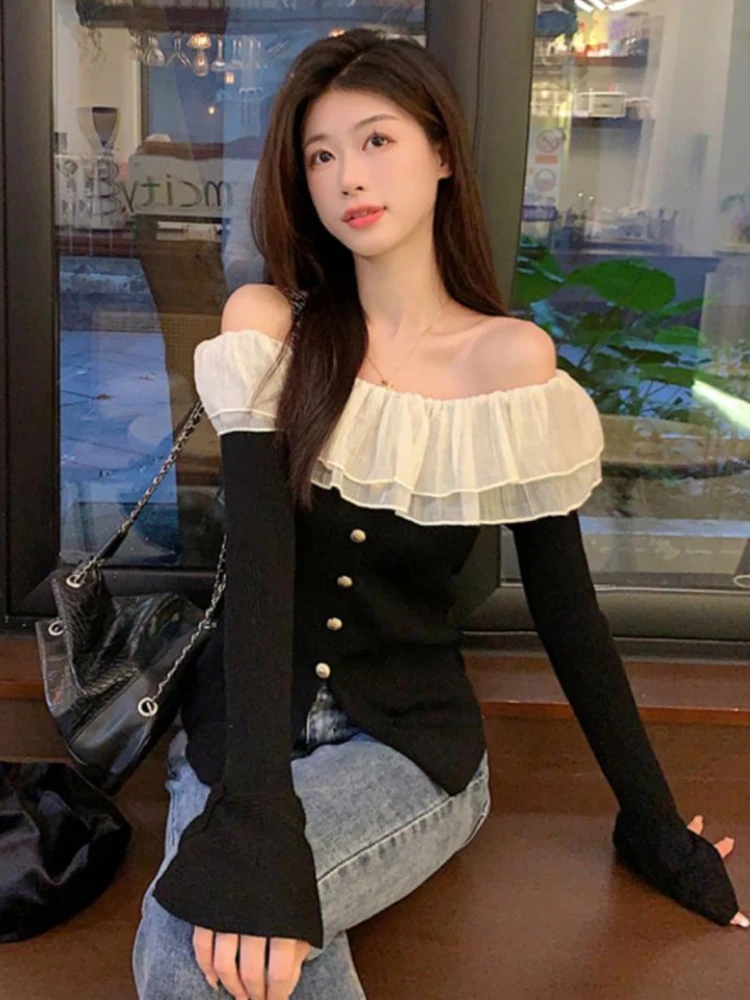 Slash Neck Pullovers Women Sweet Ruffles Off-shoulder Sweater Hotsweet Spring Gentle Feminine Sexy Knit Korean Fashion Clothing