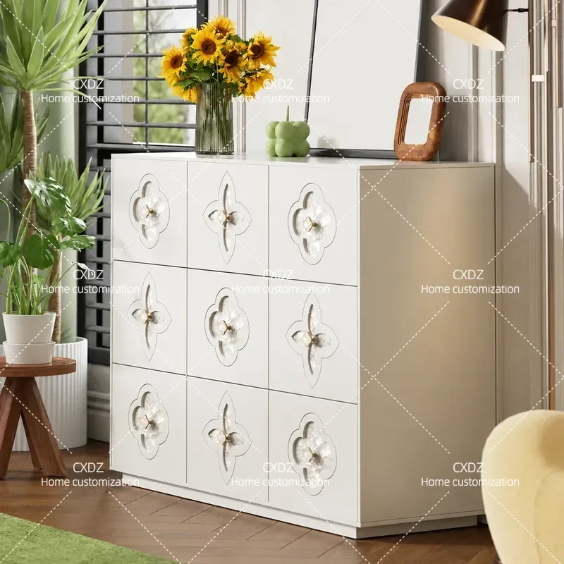 French White Retro 9 Drawer Chest Cabinet Medium Size Storage Unit for Living Room Bedroom Bed End Side Table Organizer