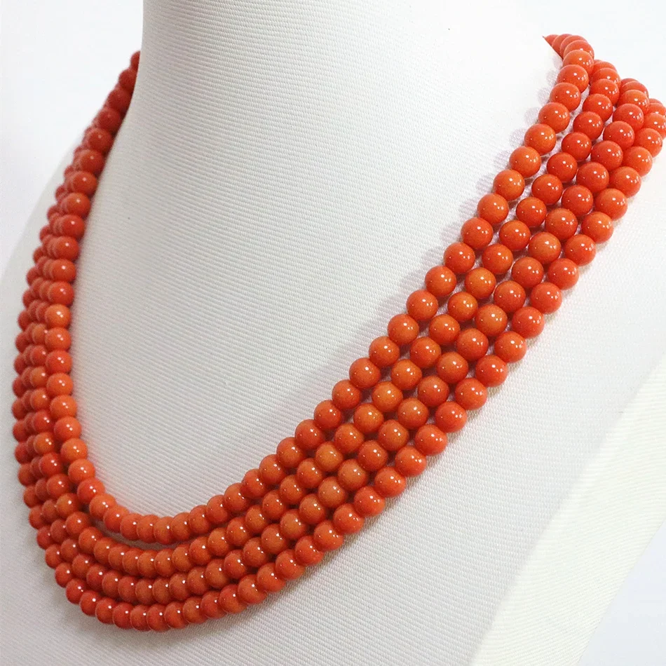 Beauty 4 rows pink orange 6mm round beads artificial coral chain amazing women high grade necklace jewelry 17-20inch