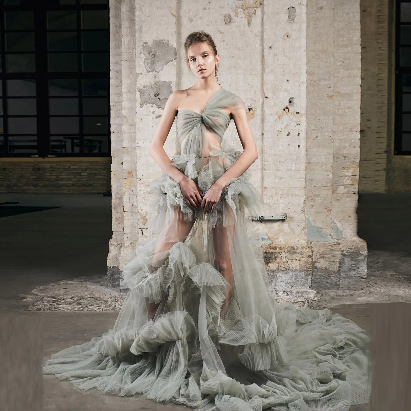 

Dusty Mint See Thru Sexy Transparent Party Dresses Photoshoot Mesh One Shoulder Custom Long Tulle Dress Party Prom Gown