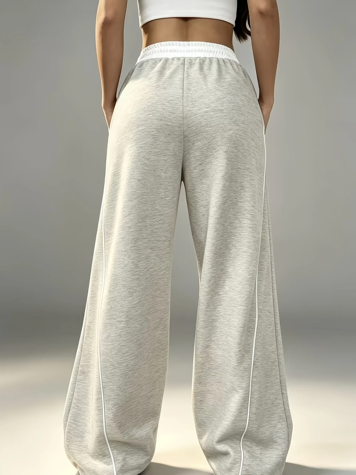 Women Drawstring High Waist Wide Leg Sweatpants, Side Contrast Striped Design, Loose Straight Leg Trousers, Soft French Terry Fa
