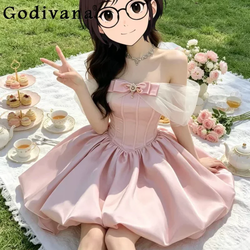 

Pink Short Elegant Slash Neck Banquet Princess Dress Sweet High Waist A-line Versatile Temperament Bow Fairy Sleeveless Dresses