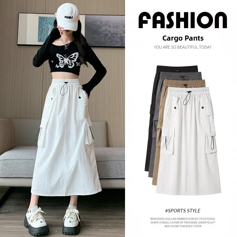 White American Retro Workwear Skirt Women's Spring Autumn Small Size Split Mid-Length A-Line Skirt Drawstring Long Skirt