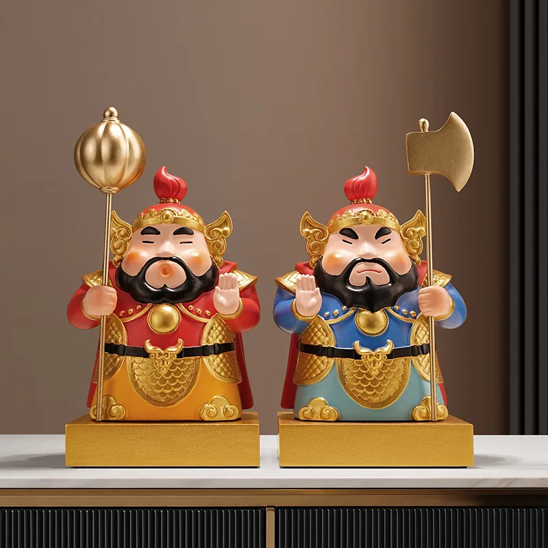 10x10x19cm Creative New Chinese-Style Cartoon Door God Figurines Resin Home Living Room Entryway Bedroom Decor Housewarming Gift