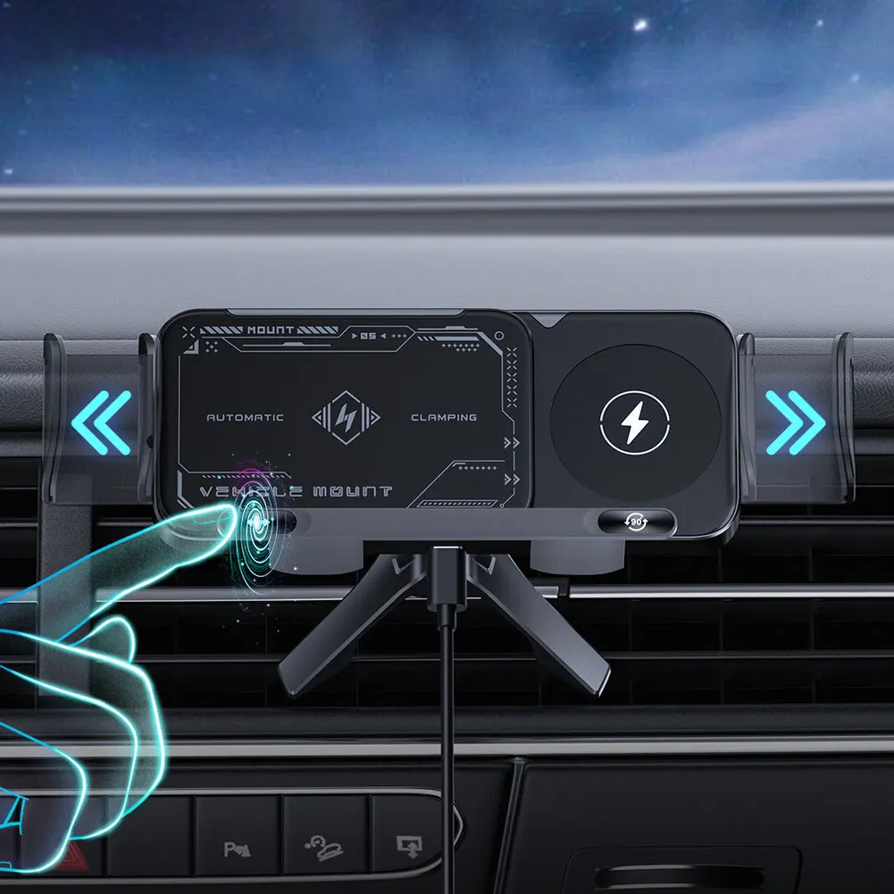 15W Car Wireless Charger Dual Coil Fold Screen Phone Holder Touch Rotation Phone Mount for Smartphone/Pad/Foldable Phone/Tablet image 5