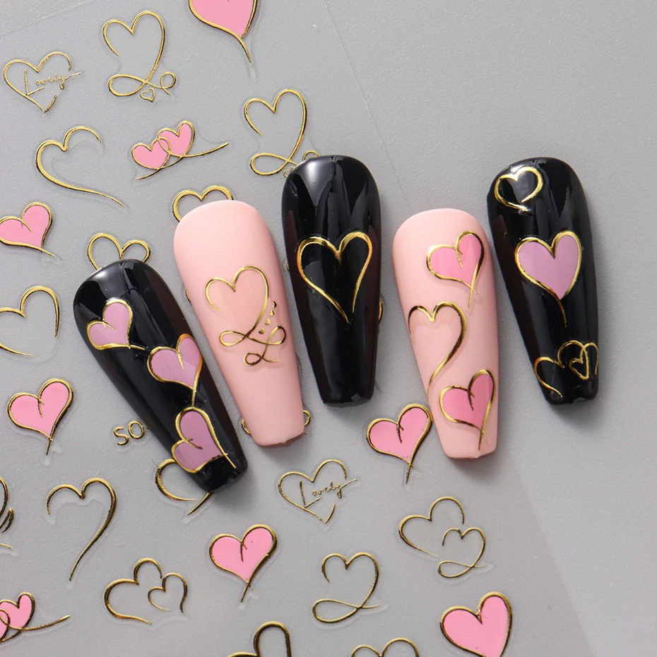 3Colos 3D ملصقات أظافر القلب - Y2K ذاتية اللصق الذهبي والوردي بريق الحب الشارات استخدام واحد الخيال موضوع الزينة fo #4