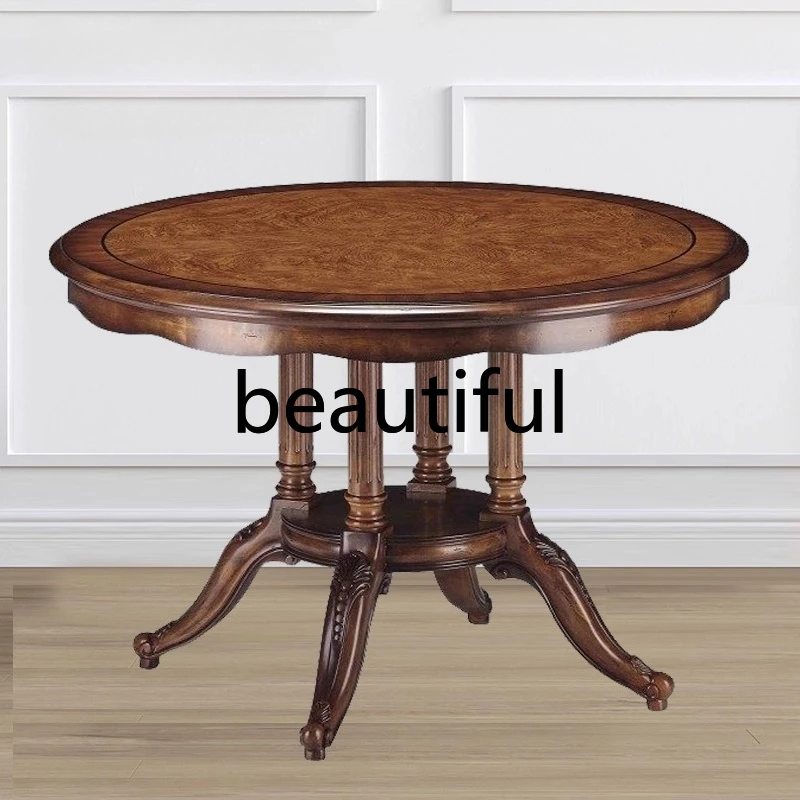 

American retro rural retro solid wood round dining table household round French carved dining table