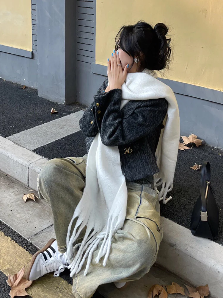 

Твидовый жакет с декоративными пуговицами, женский, зимний, с бисером, в стиле сафари, кавайный, с меховым воротником, вышивкой, улджанг, со стразами на завязках