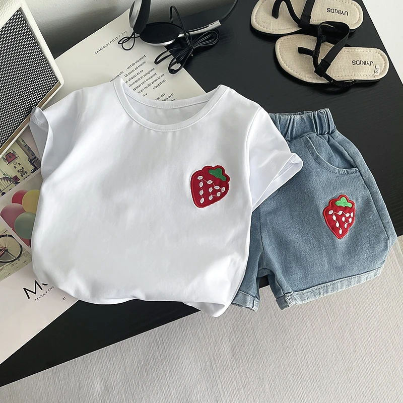 Adorable Strawberry Print Baby Outfit, Breathable Short Sleeve T-Shirt + Elastic Waist Denim Shorts for Summer