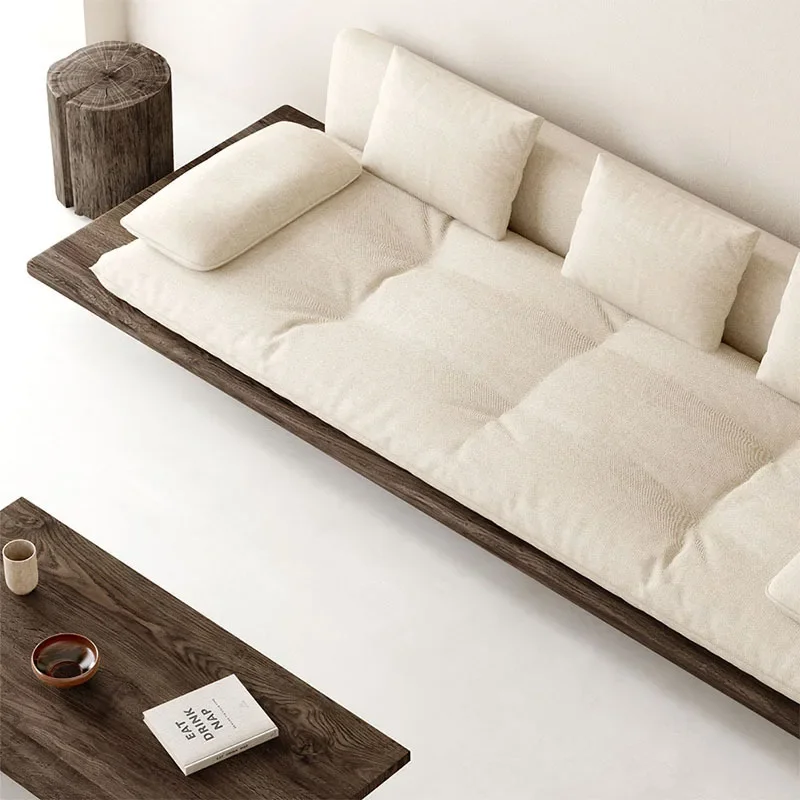 Wabi Sand Wind Solid Wood Log Chinese Minimalist Straight Row Atmospheric Three-person Sofa