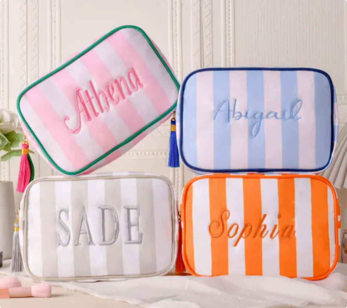 Personalized Embroidered Name Makeup Bag, Monogramed Toiletries Bag, Ladies Travel Storage Bag, Striped Tassel Toiletry Bag