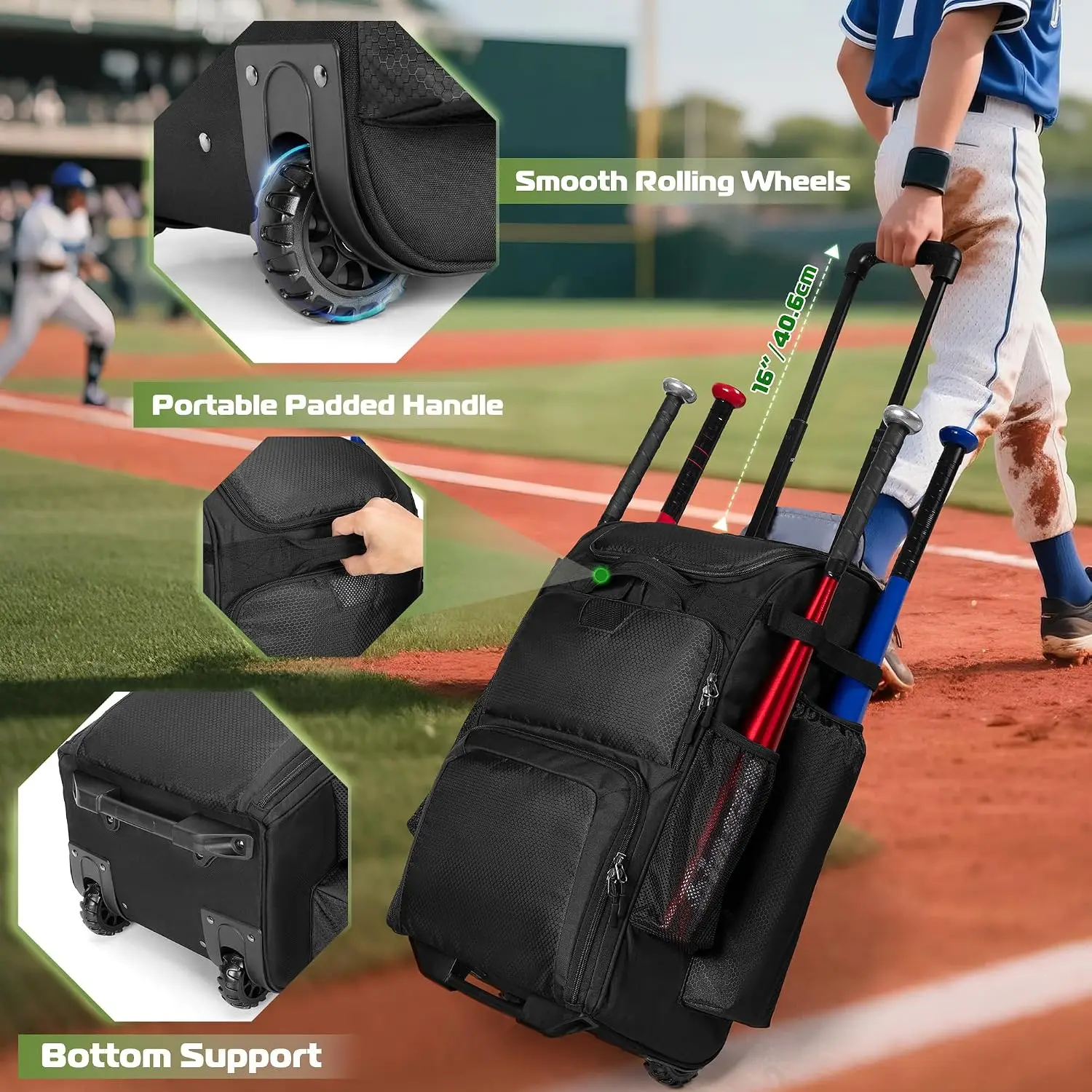 Rolling Baseball Backpack With Wheels Heavy Duty Softball Gear Equipment Bag Holds Four Bats With Shoe Compartment Fence Hook And Detachable Straps Portable Sports Backpack Black view 5