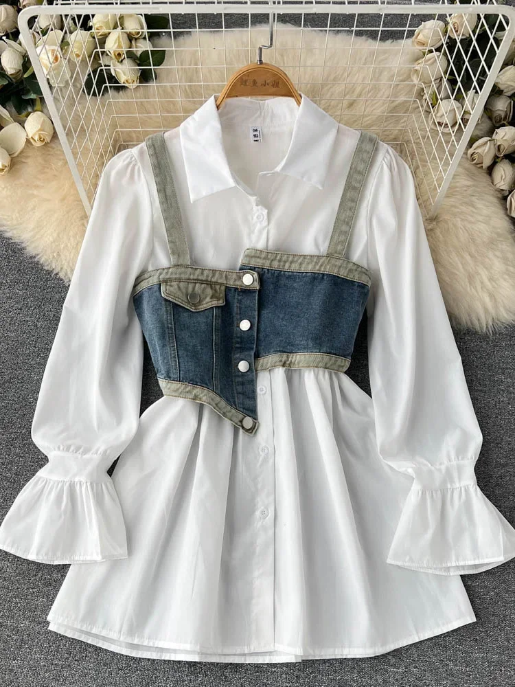 Spring Autumn Cowboy Waistcoat Shirt Dress Female Elegant Flare Sleeve White Shirt Dress Waistcoat Women\'s Two-piece Set GD780