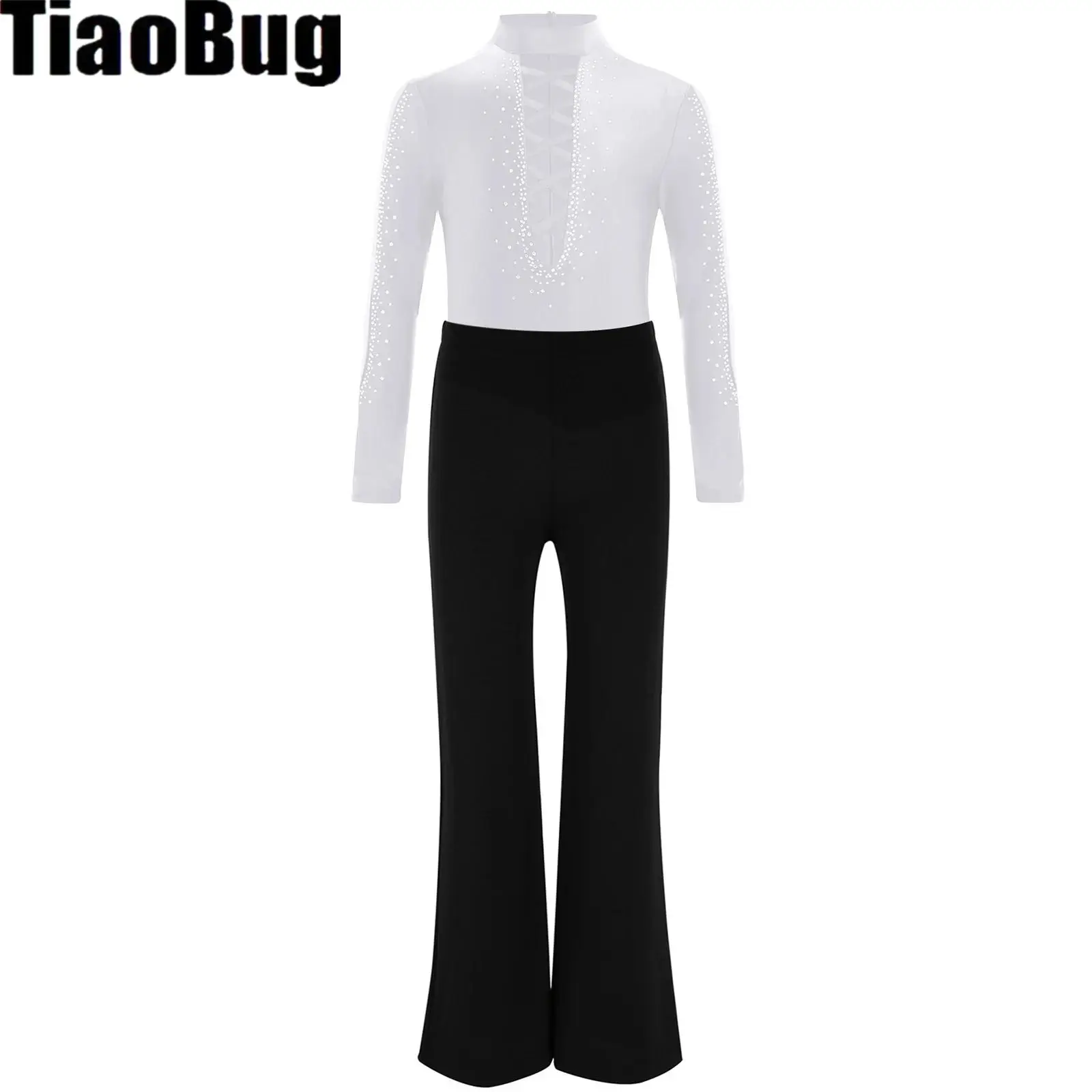 

Kids Boys Mesh Ballet Outfits Patchwork Hollow Out Crisscross Strappy Front Glittery Rhinestones Leotard with Boot Cut Pants for